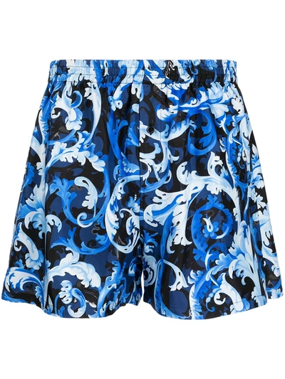 Versace Men's Barocco Camo-print Silk Shorts In Blue Navyprint