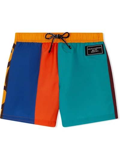 Dolce & Gabbana Kids' Colourblock Graffiti-logo Swim Shorts In Blue