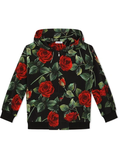 Dolce & Gabbana Kids' Girl's Rose-print Track Hooded Jacket In Multicoloured
