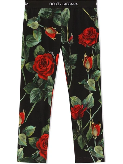 Dolce & Gabbana Kids' Interlock Rose-print Leggings In Black