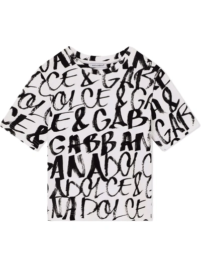 Dolce & Gabbana Kids' All Over Logo Print Cotton T-shirt In W0800 Whteblack