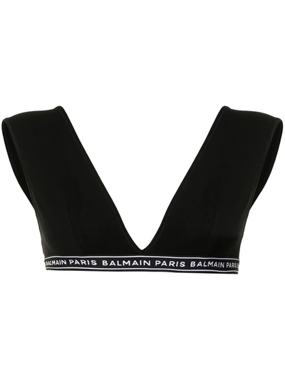 Balmain Logo棉质平纹针织三角形运动内衣 In Black