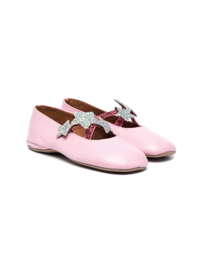 Pèpè Kids' Star-strap Leather Ballerina Shoes In Pink