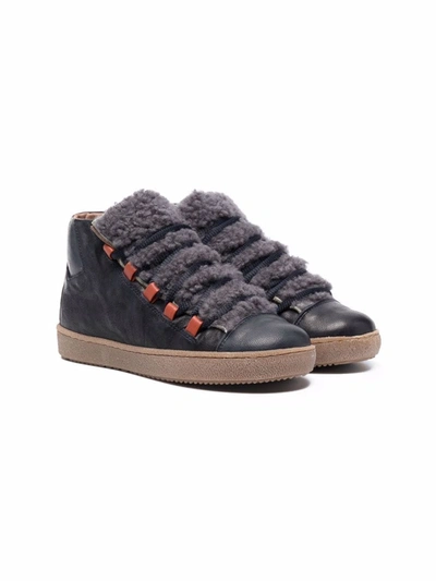 Pèpè Kids' Shearling-trim Lace-up Trainers In Blue