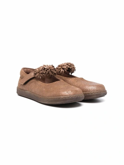 Pèpè Kids' Ruffled-strap Suede Ballerina Shoes In Brown