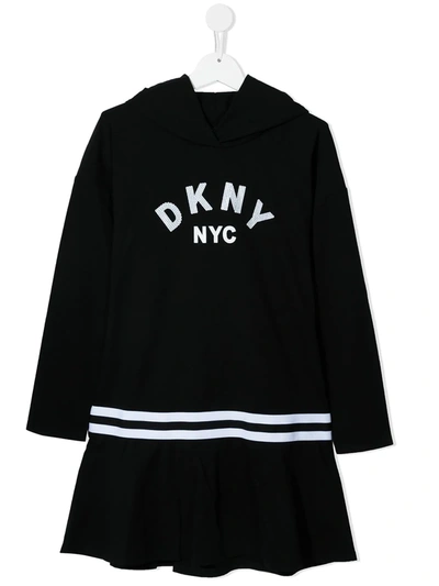 Dkny Kids' Logo-print Hooded Dress In B Nero