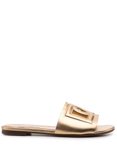 Dolce & Gabbana Teen Logo-detail Metallic-effect Sandals In Gold