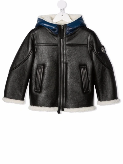 Stone Island Junior Kids' Shearling-trimmed Leather Jacket In Black