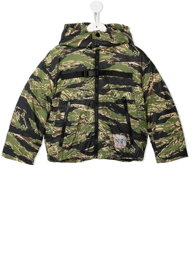 N°21 Kids' Camouflage-print Hooded Coat In Green,black