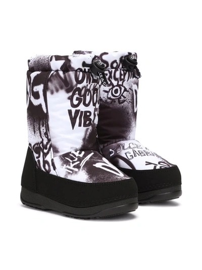 Dolce & Gabbana Kids' Logo Graffiti-print Padded Snow Boots In White