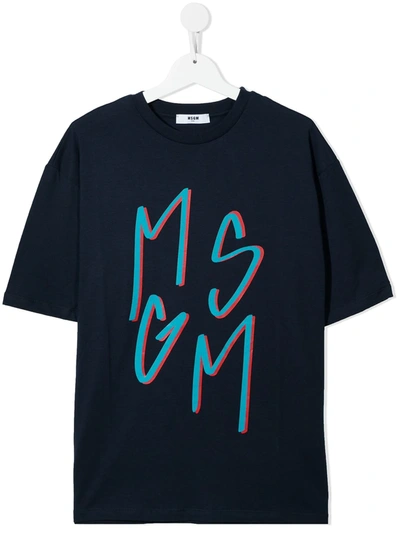 Msgm Kids' Logo-print T-shirt In Blue