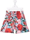 Msgm Kids Shorts With Multicolored Floral Print In Red