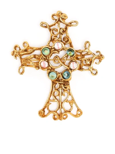 Pre-owned Christian Lacroix 1990s Crystal-embellished Cross Brooch In Gold