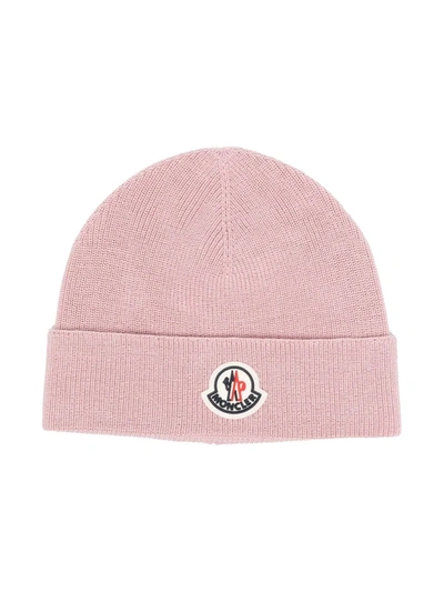 Moncler Kids' Logo-patch Ribbed Beanie In Pink
