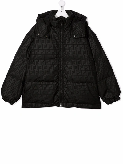 Fendi Kids' Ff-monogram Feather Down Jacket In Black