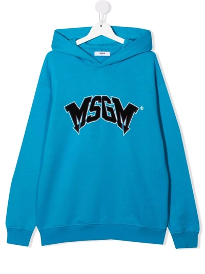Msgm Teen Logo-print Pullover Hoodie In Blue