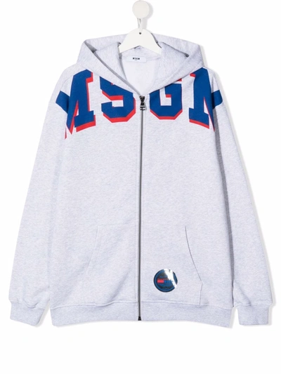 Msgm Teen Logo-print Zipped Hoodie In Grey