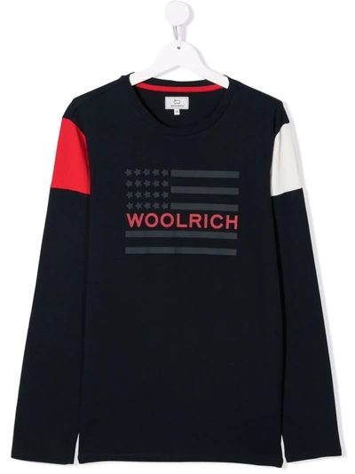 Woolrich Teen Logo Flag-print Long-sleeve Top In Blue