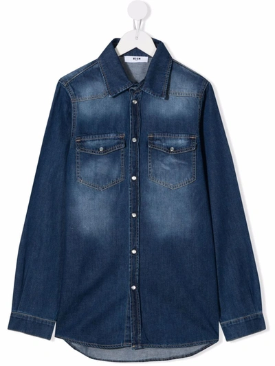 Msgm Teen Logo-print Denim Shirt In Blue