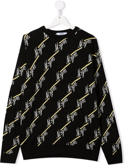 Msgm Teen Intarsia-knit Logo Jumper In Black