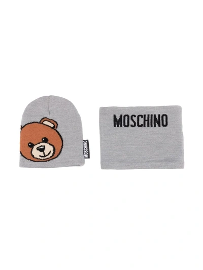 Moschino Kids' Teddy Bear Intarsia-knit Hat And Scarf Set In Grey