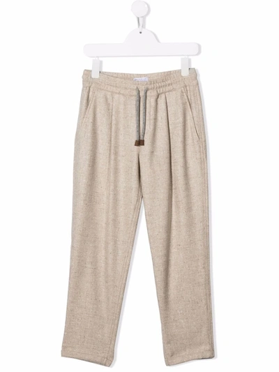 Brunello Cucinelli Kids' Drawstring Wool Trousers In Neutrals