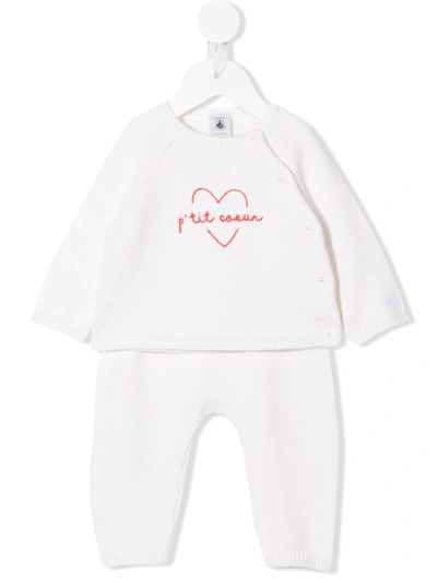 Petit Bateau Babies' Heart Slogan Knit Tracksuit In White