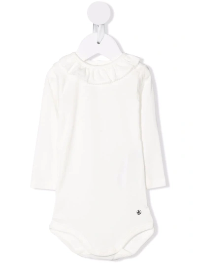 Petit Bateau Babies' Long-sleeved Ruffled Collar Romper In White