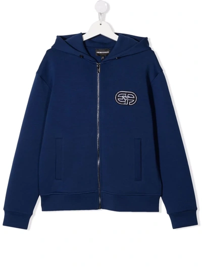Emporio Armani Kids' Embroidered Patch Zip-up Hoodie In Blue