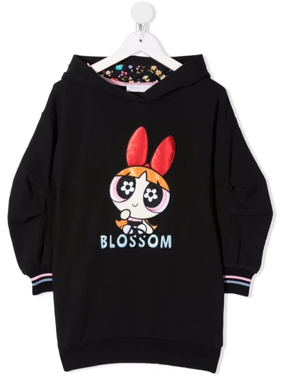 Monnalisa Kids' Hooded Cotton Dress With Powerpuff Girls Print In Black