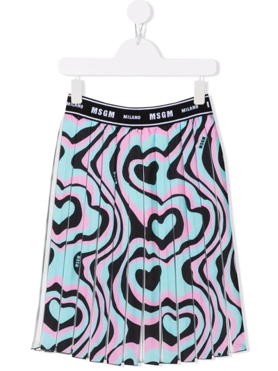 Msgm Teen Heart-print Pleated Skirt In Multicolor