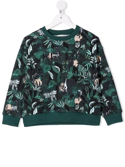 Kenzo Kids' Animal-print Embroidered-logo Sweatshirt In Green