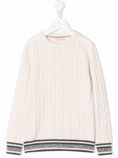 Brunello Cucinelli White Sweater Teen With Black And Silver Details In Avorio