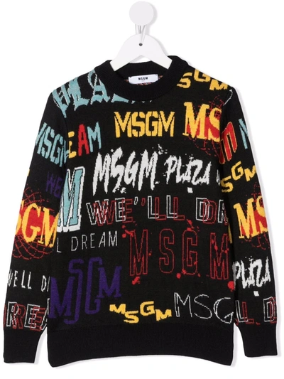 Msgm Teen Logo Intarsia-knit Wool-blend Jumper In Black