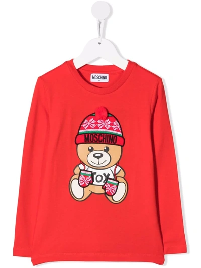 Moschino Kids' Intarsia Bear-print T-shirt In Red