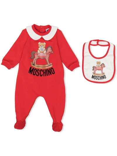 Moschino Babies' Toy Horse Cotton Rompers & Bibs In 레드