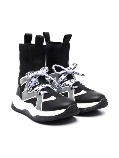 Msgm Kids' Leather Blend Knit High Sock Trainers In Nero-bianco