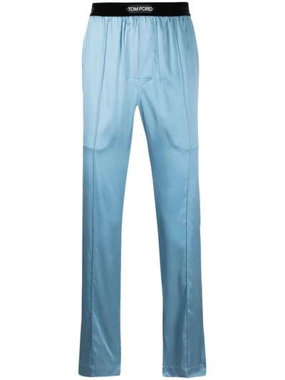 Tom Ford Logo Embroidered Silk Pyjama Trousers In Blue