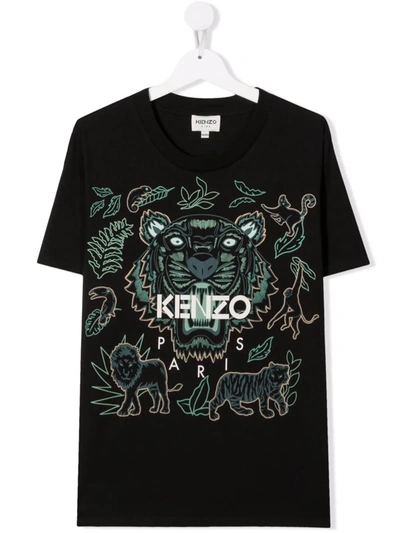 Kenzo Kids' Tiger-print Organic Cotton T-shirt In Black