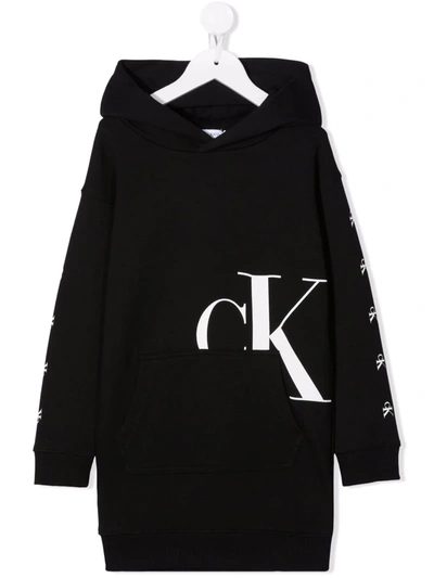 Calvin Klein Kids' Logo-print Hooded Sweatshirt Dress In Black