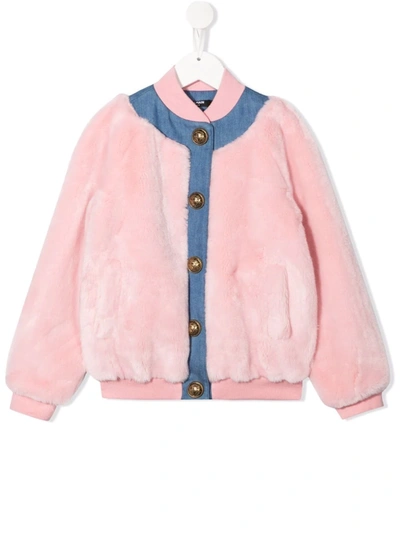 Balmain Teen Faux-fur Buttoned Bomber Jacket In Pink
