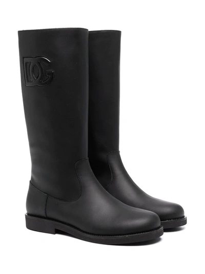 Dolce & Gabbana Kids' Embossed Logo Knee Length Boots In Black