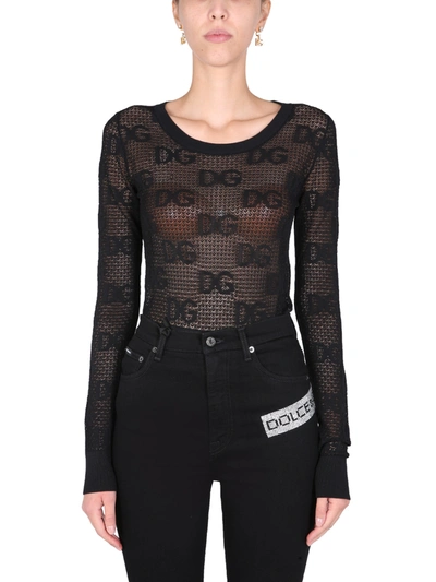 Dolce & Gabbana Long-sleeved Lace-stitch Sweater With Dg Logo In Black