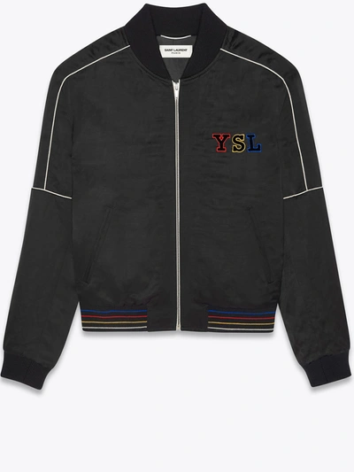 Saint Laurent Embroidered Logo Zipped Bomber Jacket In Noir