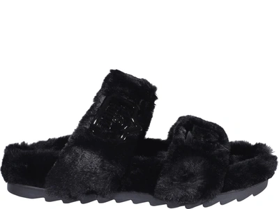 Chiara Ferragni Eye-motif Faux-fur Open-toe Slides In Black