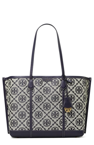 Tory Burch Perry T Monogram Jacquard Triple-compartment Tote In Tory Navy