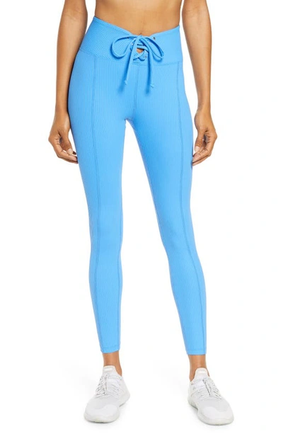 Year Of Ours Football Lace-up Ribbed Stretch-jersey Leggings In Azure