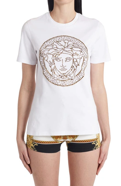 Versace Medusa Embroidery Cotton Jersey T-shirt In White,gold