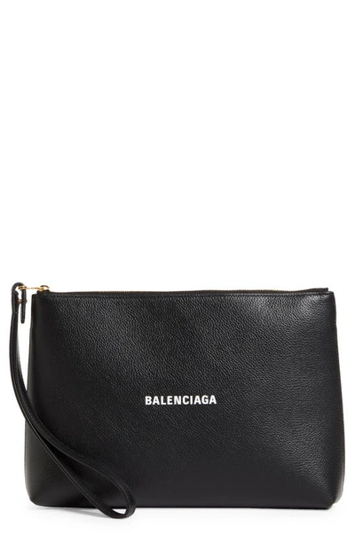 Balenciaga Cash Logo Leather Pouch In Black/ L White