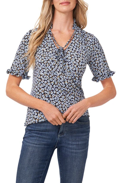 Cece Floral Frill Sleeve Stretch Crepe Top In Blue/rich Black